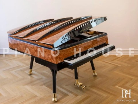 PH Bow Grand Piano | American Red Maple Burl with Brass | Modern | Sculptural