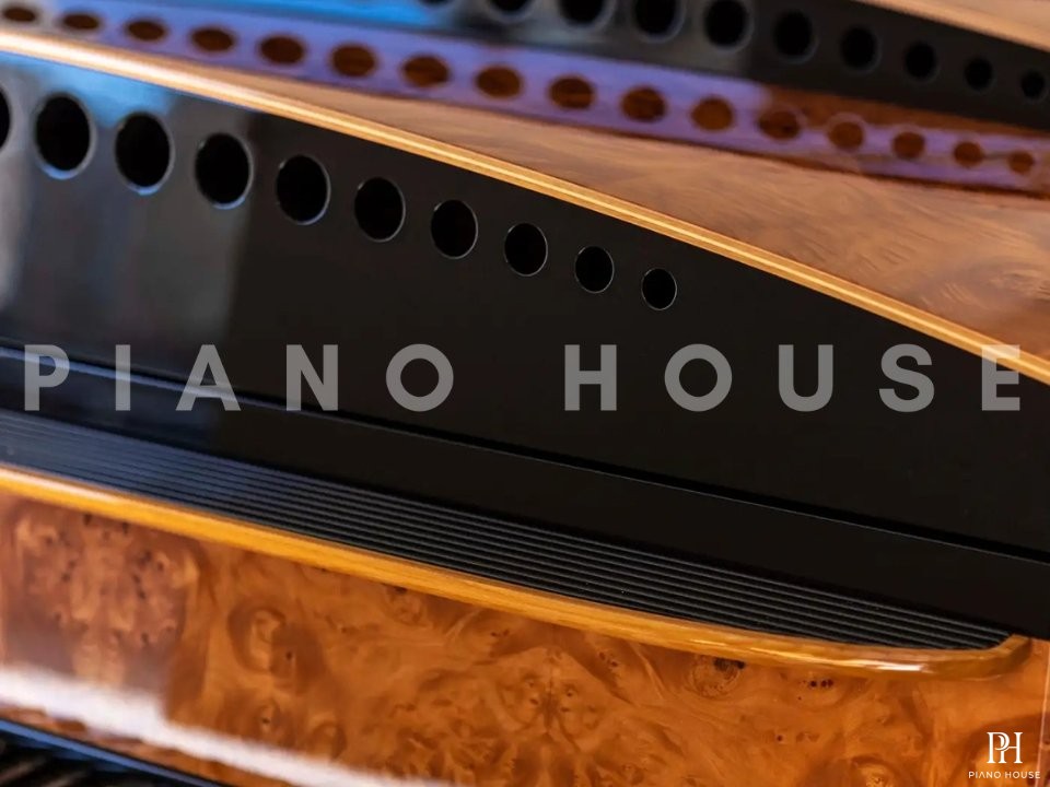 PH Bow Grand Piano | American Red Maple Burl with Brass | Modern | Sculptural