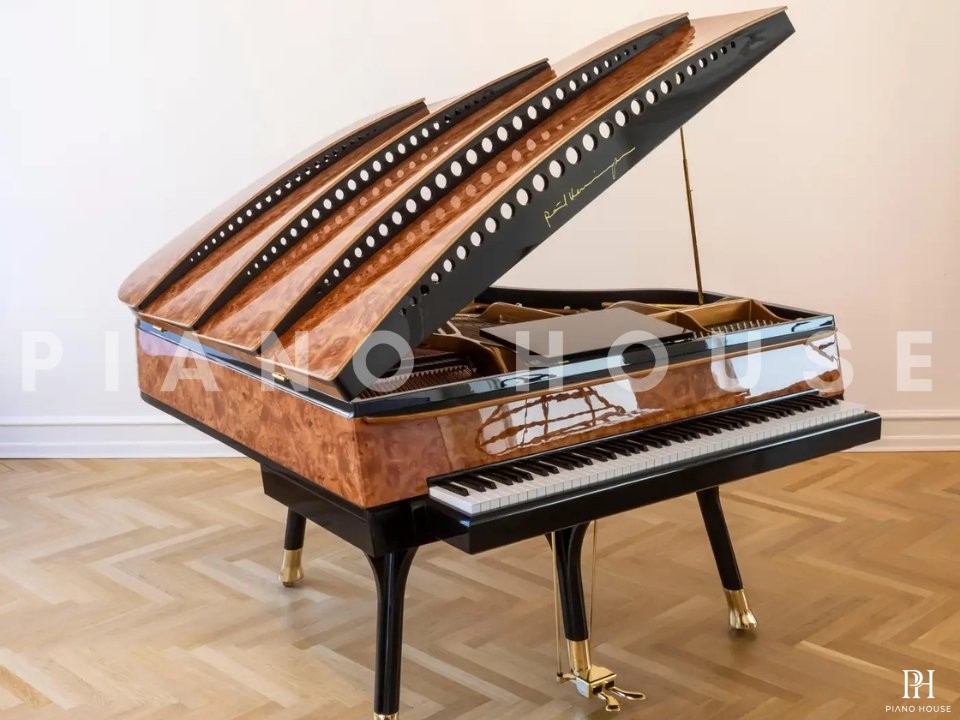 PH Bow Grand Piano | American Red Maple Burl with Brass | Modern | Sculptural