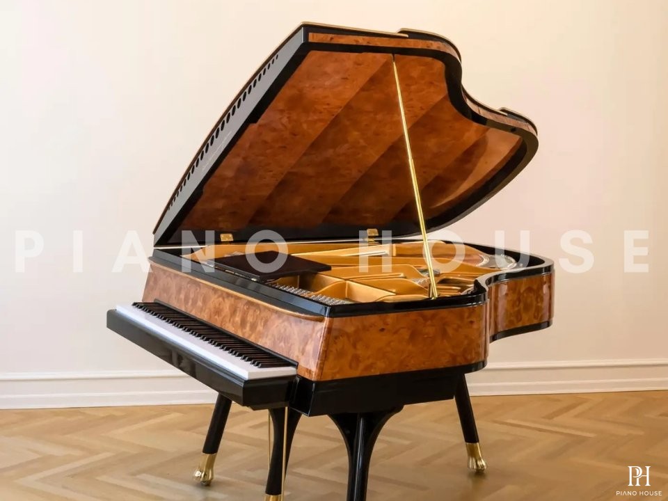 PH Bow Grand Piano | American Red Maple Burl with Brass | Modern | Sculptural