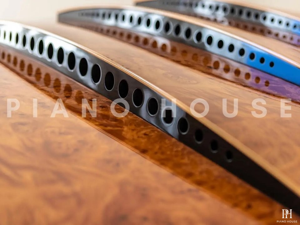PH Bow Grand Piano | American Red Maple Burl with Brass | Modern | Sculptural