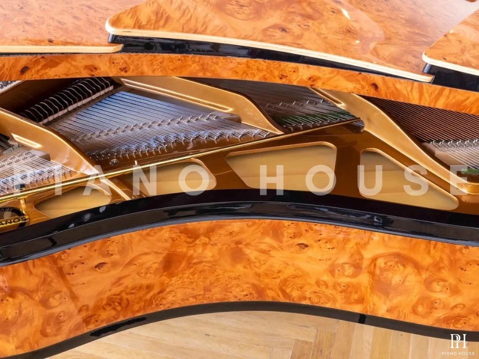 PH Bow Grand Piano | American Red Maple Burl with Brass | Modern | Sculptural