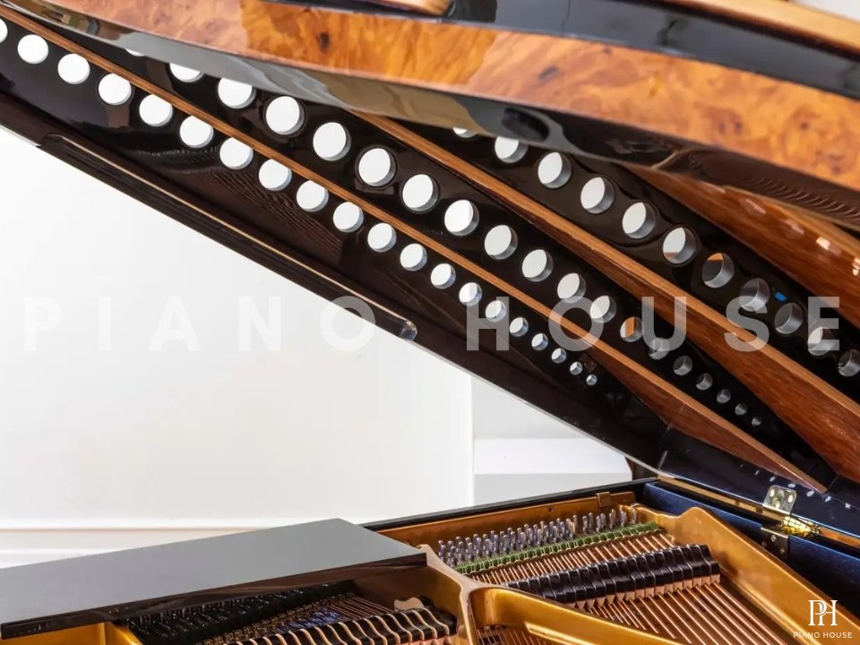 PH Bow Grand Piano | American Red Maple Burl with Brass | Modern | Sculptural