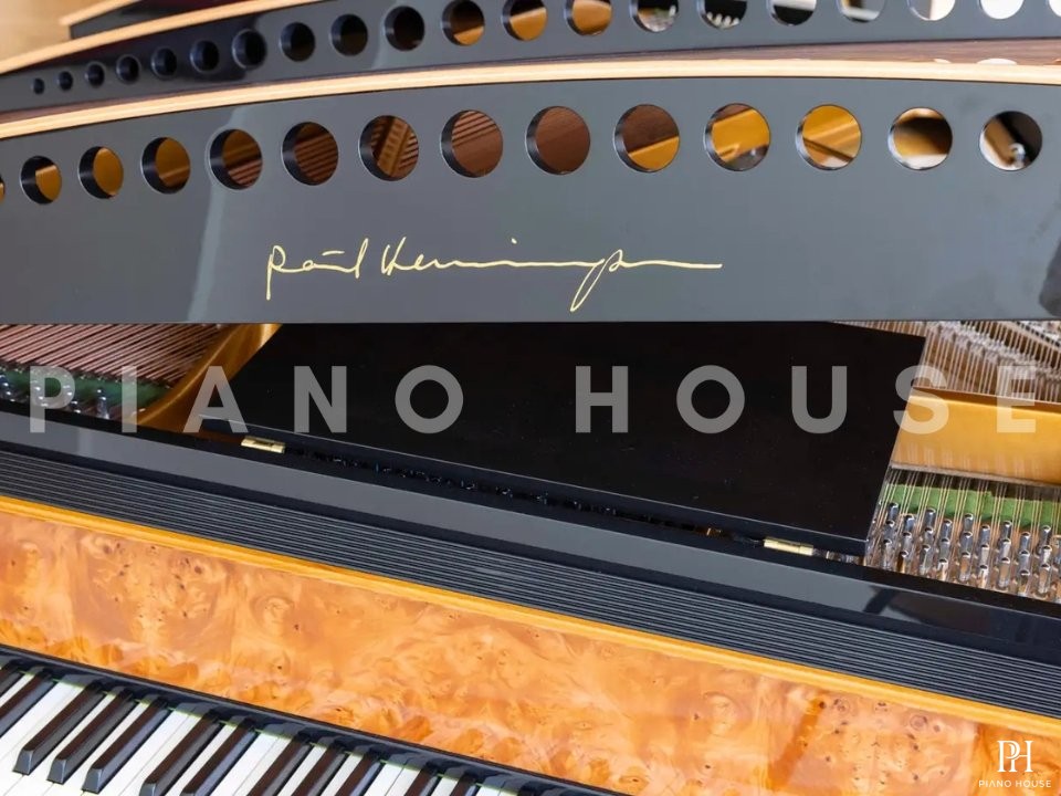 PH Bow Grand Piano | American Red Maple Burl with Brass | Modern | Sculptural