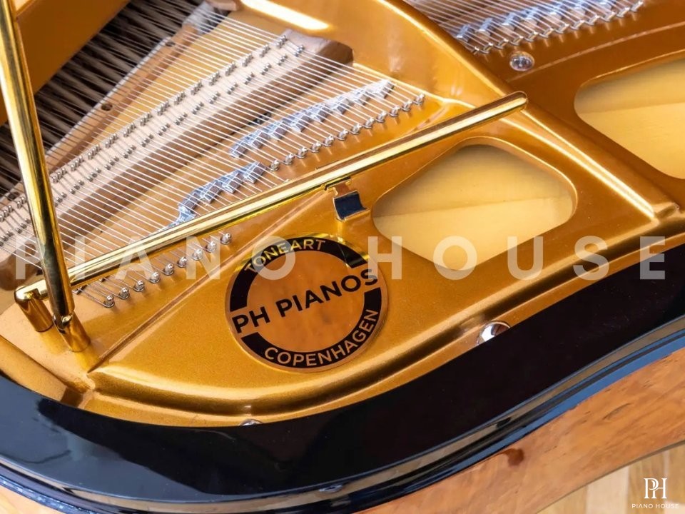 PH Bow Grand Piano | American Red Maple Burl with Brass | Modern | Sculptural