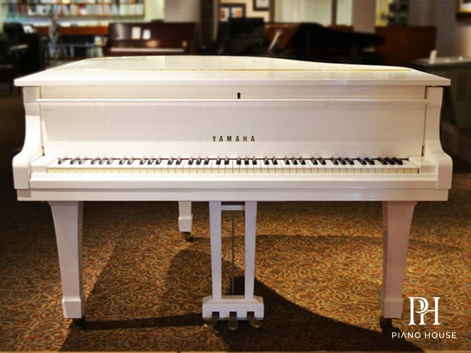 Yamaha G1 Polished White Grand Piano Side Angle Overview