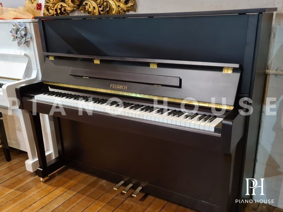 Feurich F122 Satin Black Brass Upright Piano Console Finish View