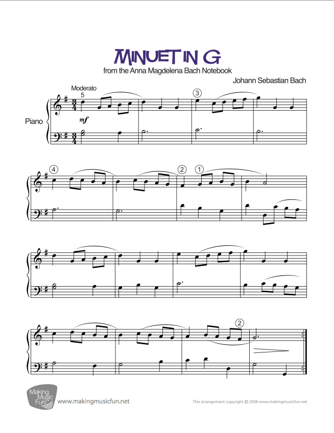 minuet in g sheet piano easy
