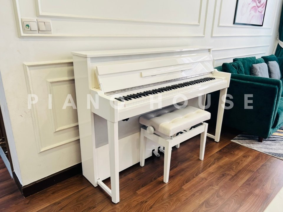 Góc nhìn tổng thể đàn YAMAHA NU1 PBW trong không gian nội thất hiện đại