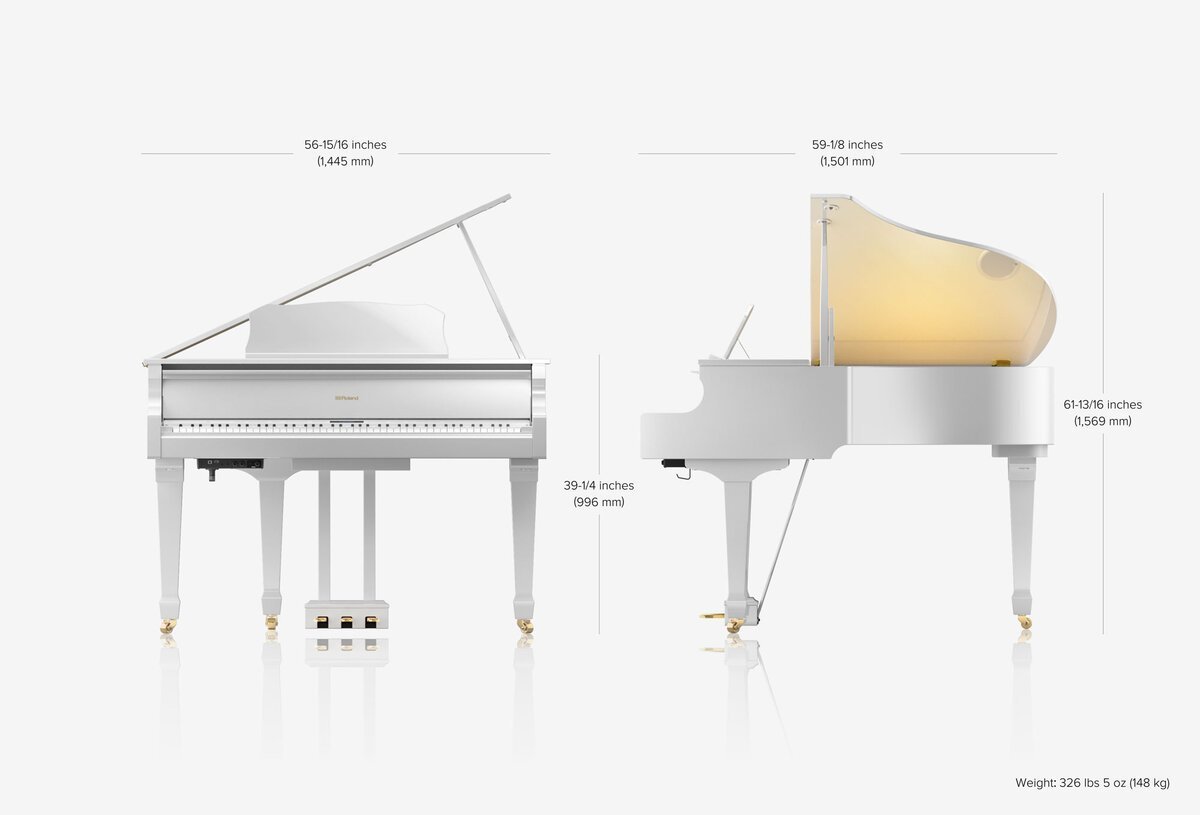 Góc nghiêng thể hiện thiết kế tủ đàn grand piano nhỏ gọn của Roland GP-609 PW