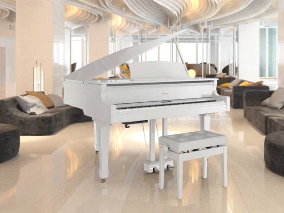 Toàn cảnh cây đàn Roland GP-609 PW màu trắng sang trọng trong không gian nội thất