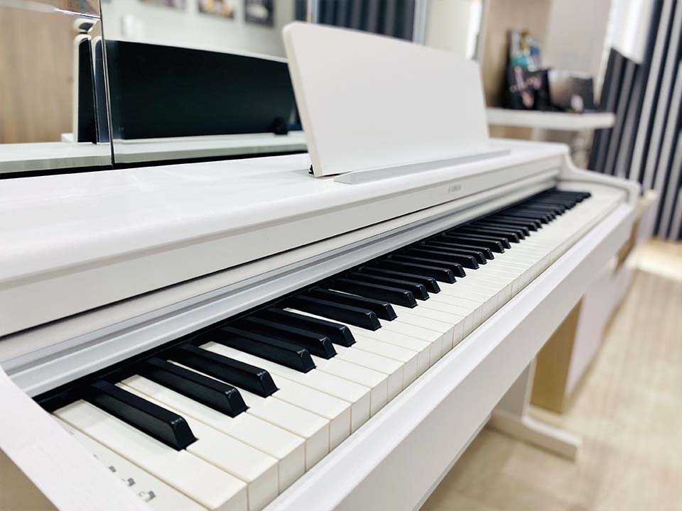 Chi tiết bàn phím gỗ mun và ngà voi tổng hợp trên YAMAHA YDP-164 WH